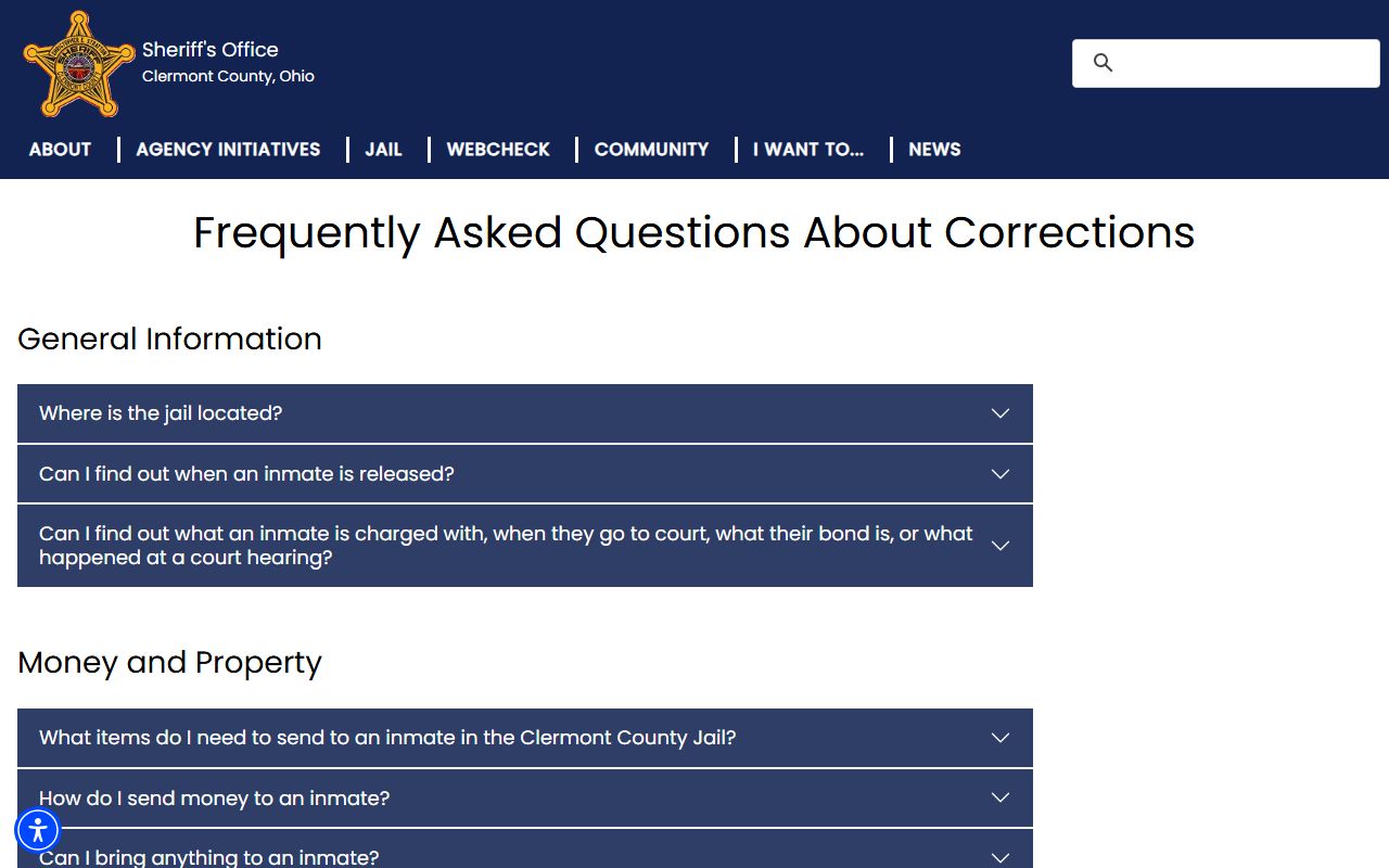 Clermont County Jail FAQ for visitation mail money and phone records