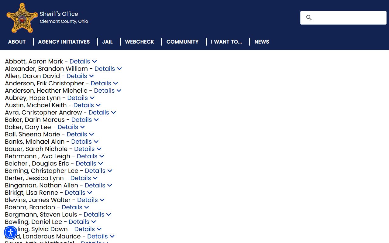 Clermont County jail roster inmate record fields